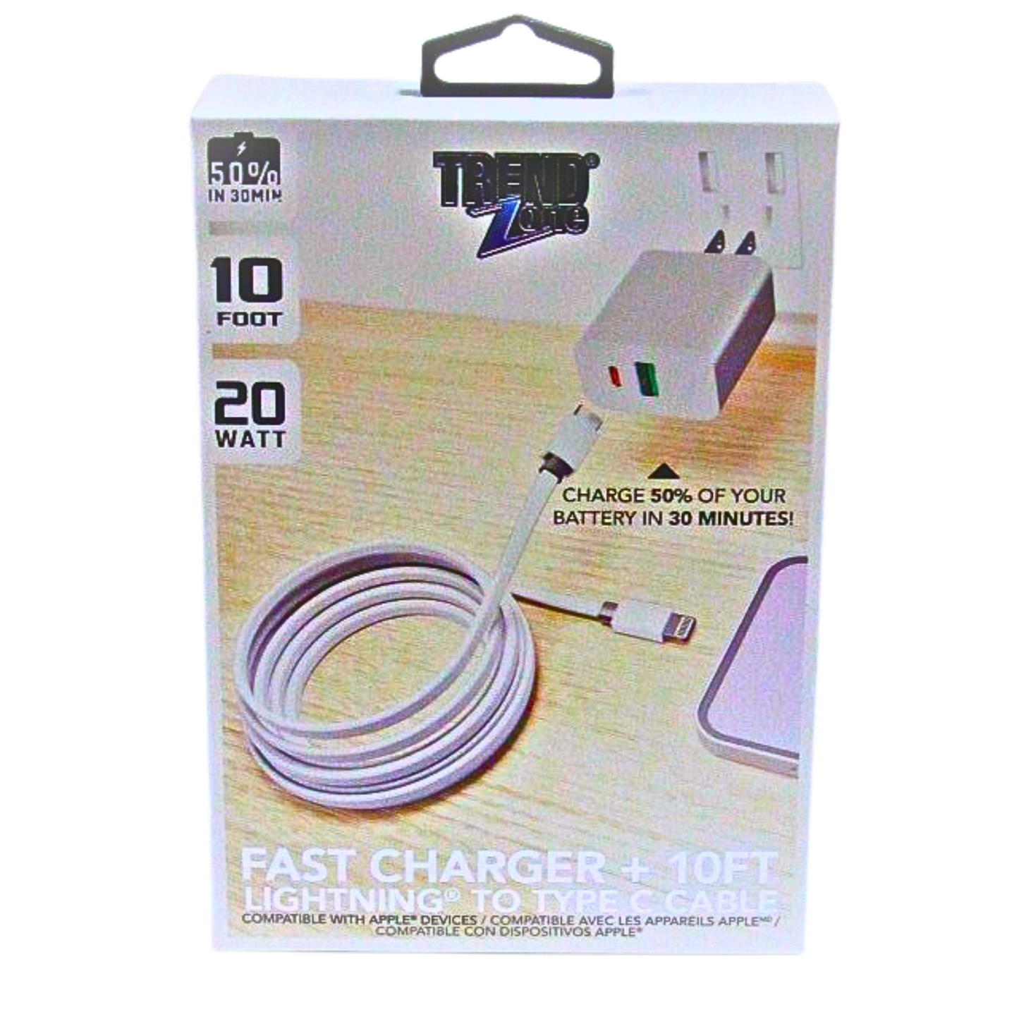 Trend Zone: Fast Charger + 10ft Lightning to Type C Cable (TZ1618)