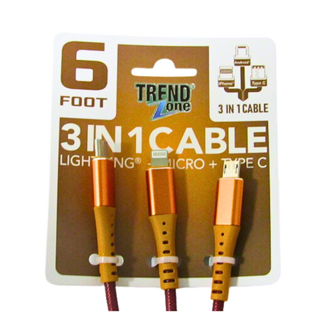 Trend Zone: 3 in 1 6ft Cable (Lightning, Micro, Type C) (TZ1552)